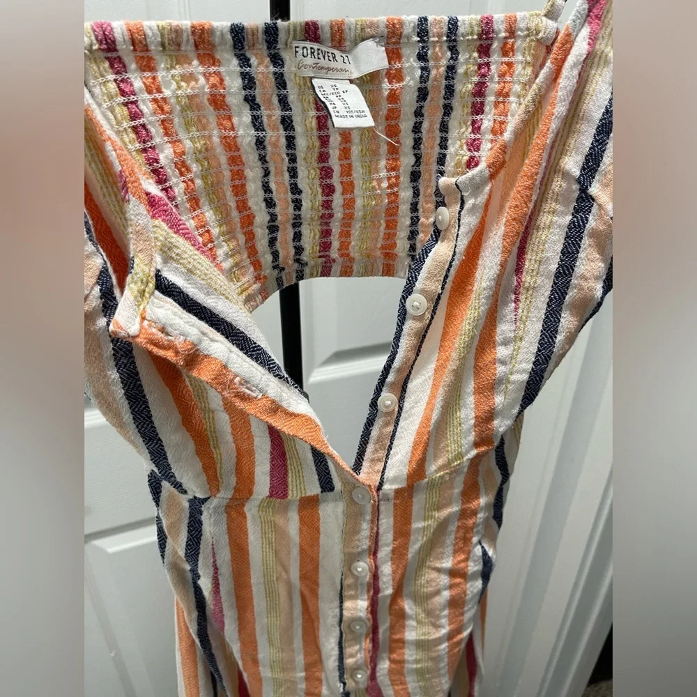 🛑 Forever 21 Vibrant Multicolor Striped Linen-blend Jumpsuit - Picture 6 of 7